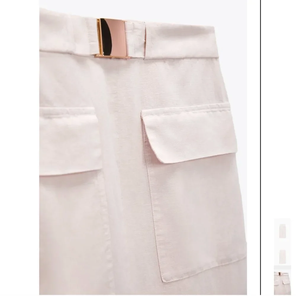 NWT ZARA LINEN BLEND MIDI CARGO SKIRT ECRU - Picture 2 of 4